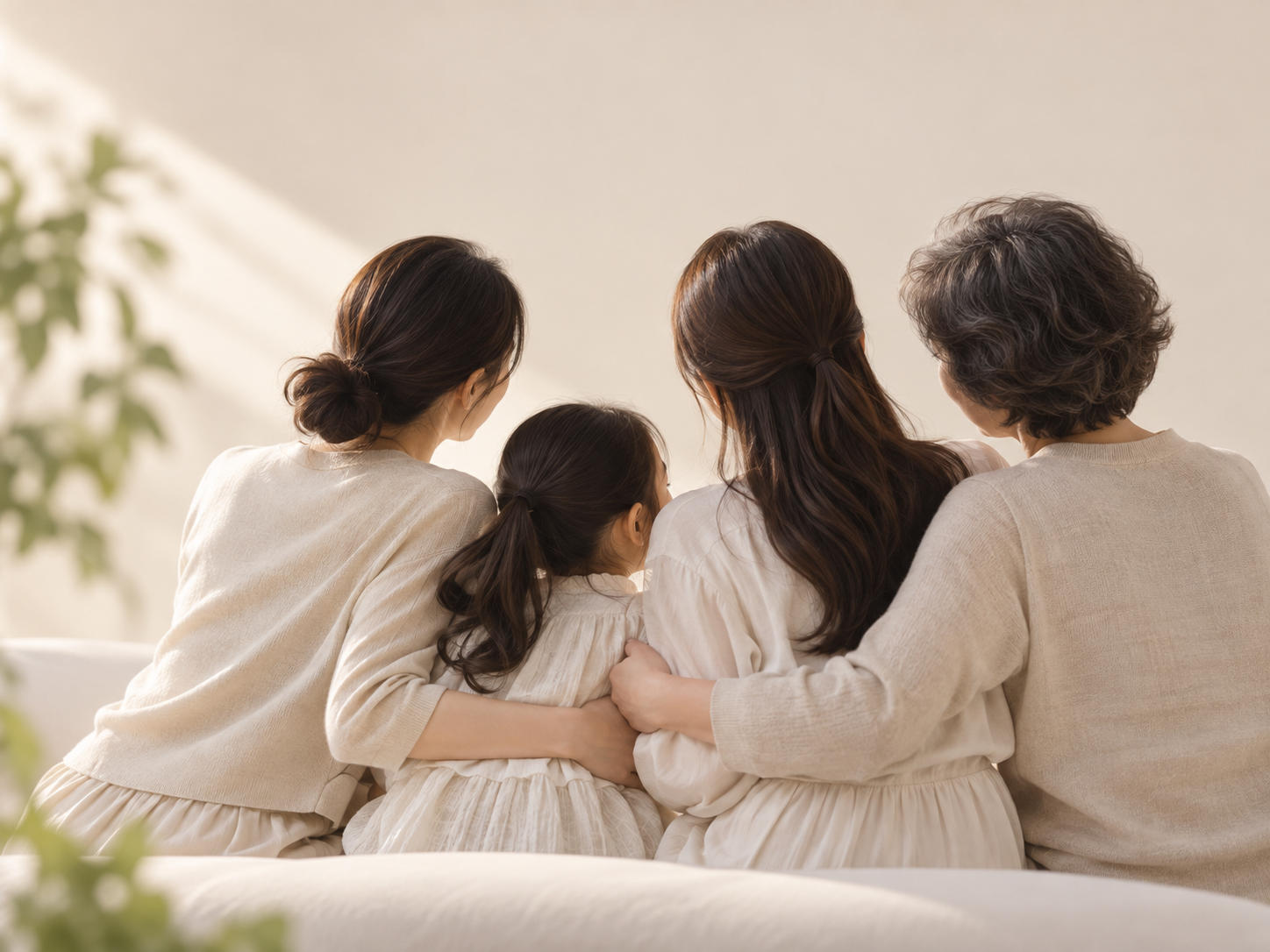 함께 앉아 있는 세대별 여성 가족 모습